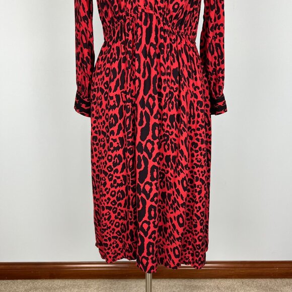 Zara Womens Red Leopard Print Midi Dress Tie Neck Long Sleeves size Medium - Picture 7 of 16